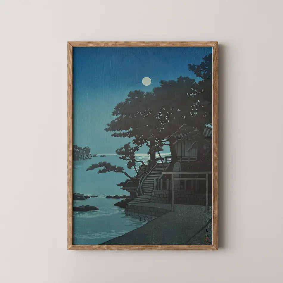 Hasui Kawase woodblock print of Kakizaki Benten Shrine at Shimoda, a pine covered headland and stone stairway under a full moon.