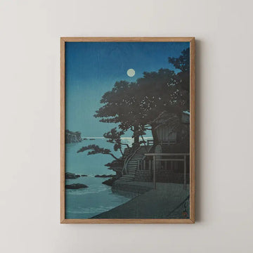 Hasui Kawase woodblock print of Kakizaki Benten Shrine at Shimoda, a pine covered headland and stone stairway under a full moon.