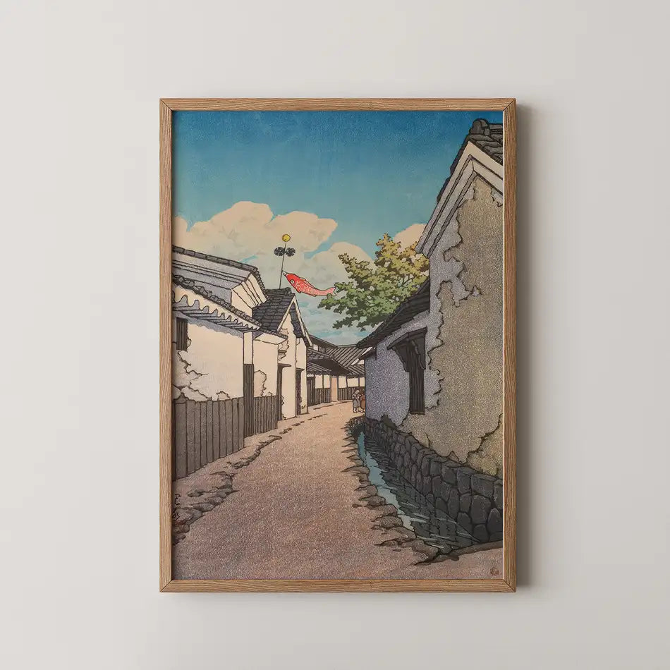 Hasui Kawase woodblock print of a narrow lane in Toyohama, Kagawa, whitewashed walls and a single red carp streamer against a blue sky.