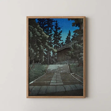 Hasui Kawase woodblock print of the stairway to Konjikido at Chusonji in Hiraizumi, stone steps rising through cedars at night.
