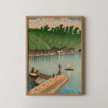 Hasui Kawase woodblock print of Mihogaseki Beach, Izumo Province, a stone breakwater and lighthouse with a sailboat crossing the bay.