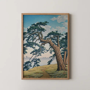 Hasui Kawase woodblock print of Misty Morning at Yotsuya Mitsuke, a wind bent pine on a grassy rise with a hazy city skyline beyond.