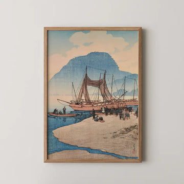 Hasui Kawase woodblock print of Morning at Beppu, fishing boats moored offshore and fishermen gathered on the beach beneath a blue headland.