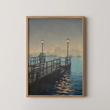 Hasui Kawase woodblock print of Otaru Harbor, two figures on a lamplit pier looking out at anchored ships in the dusk light.