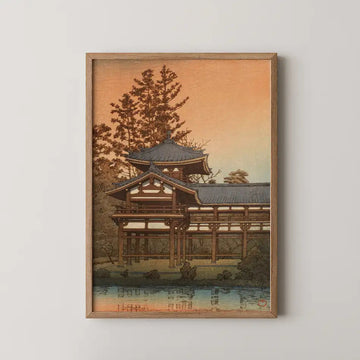 Hasui Kawase woodblock print of Phoenix Hall at Byodo Temple, Uji, glowing at sunset and reflected in its still pond.