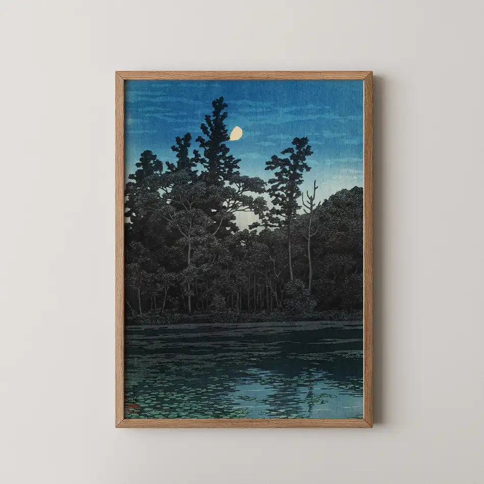 Hasui Kawase woodblock print of Sanpoji Pond, Shakujii, dense dark trees reflected in still water beneath a hazy moon.