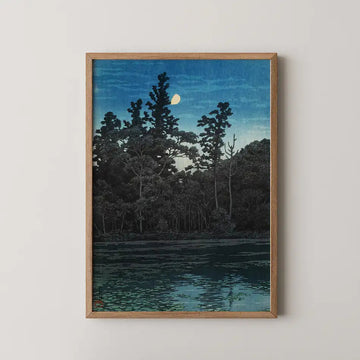 Hasui Kawase woodblock print of Sanpoji Pond, Shakujii, dense dark trees reflected in still water beneath a hazy moon.