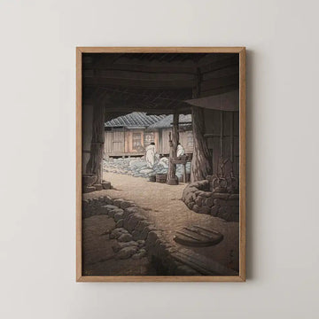 Hasui Kawase woodblock print of Senonji Temple at Mt. Chii, a farm courtyard with two figures grinding grain, seen from a shaded temple walkway.