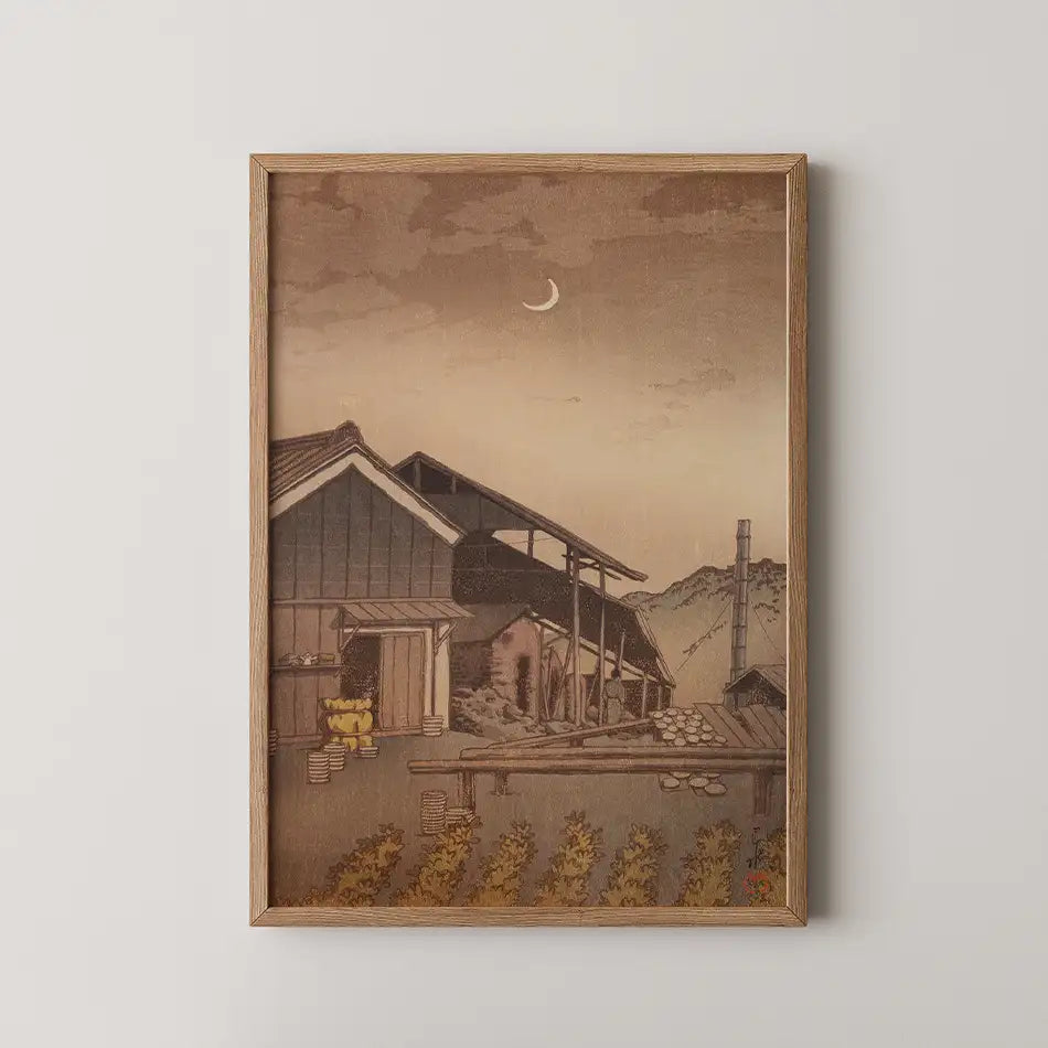 Hasui Kawase woodblock print of Seto in Bishu, a sepia toned night view of a farmhouse and kitchen garden under a crescent moon.
