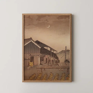 Hasui Kawase woodblock print of Seto in Bishu, a sepia toned night view of a farmhouse and kitchen garden under a crescent moon.