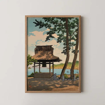Hasui Kawase woodblock print of Shogetsu Temple in Ito, Izu, a thatched bell pavilion framed by pine trees above a calm bay.
