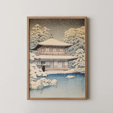 Hasui Kawase woodblock print of Snow at Ginkakuji Temple, the Silver Pavilion and its garden pond under fresh snowfall.