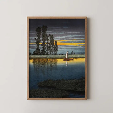 Hasui Kawase woodblock print of Twilight at Ushibori, a small sailboat crossing a river beneath silhouetted trees at sunset.