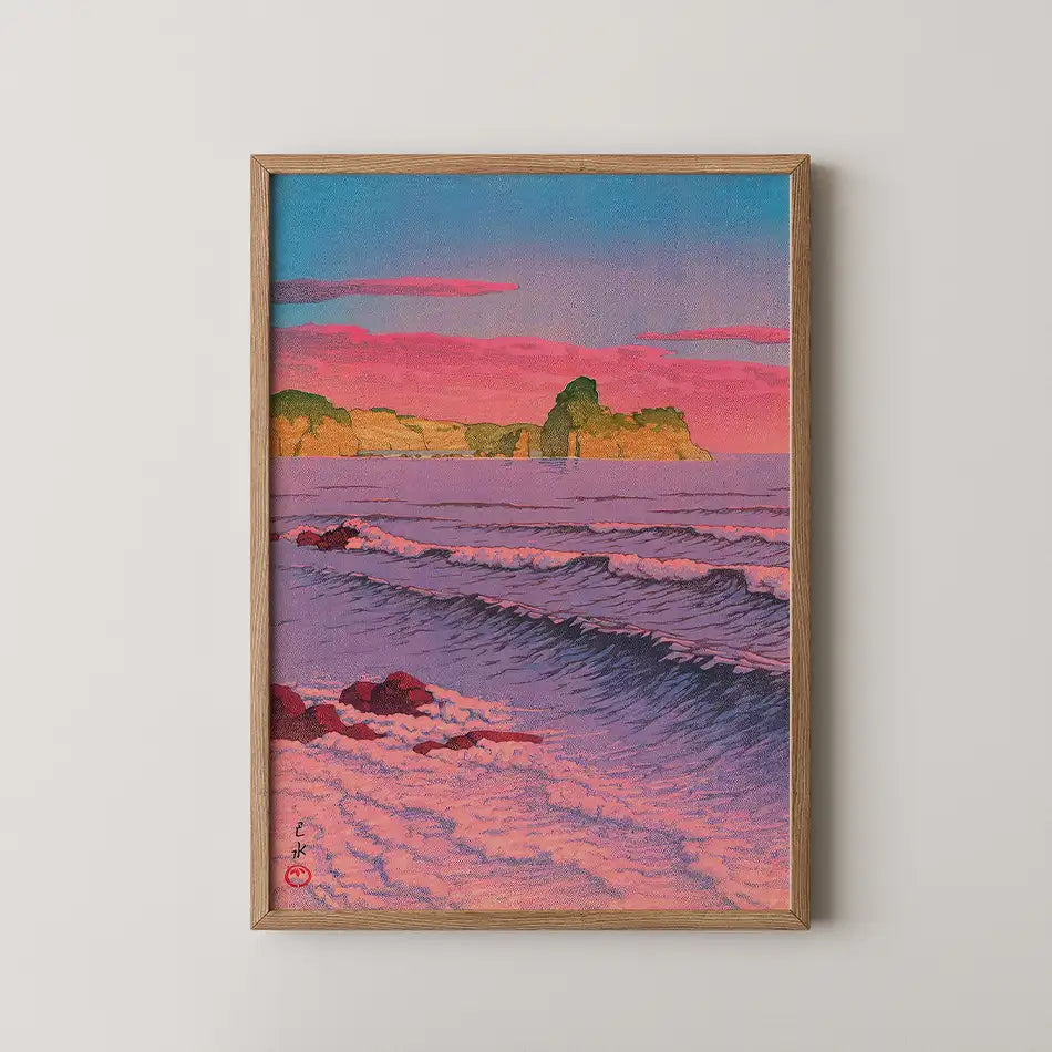 Hasui Kawase woodblock print of Morning Sea at Shiribeshi, pink and purple waves breaking on a rocky shore beneath a golden sunrise.