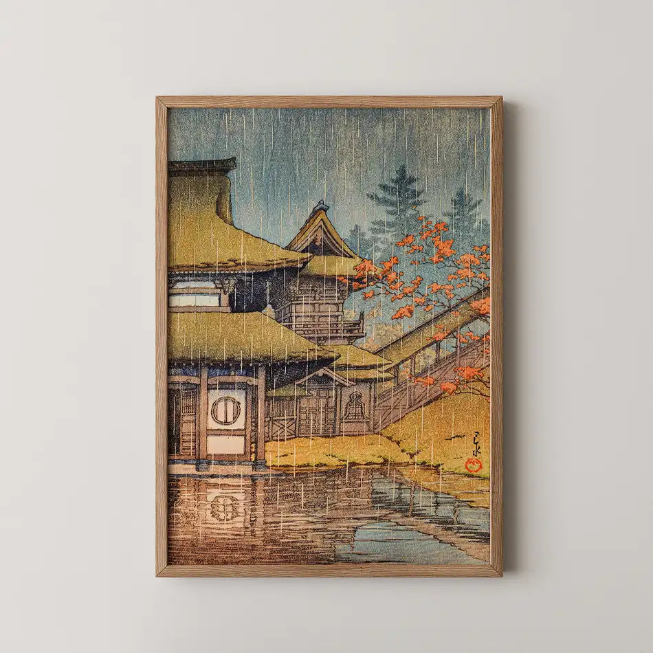Hasui Kawase woodblock print of Yamadera in Sendai, golden temple roofs and a distant pagoda seen through rain with red autumn maple.