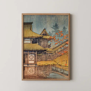 Hasui Kawase woodblock print of Yamadera in Sendai, golden temple roofs and a distant pagoda seen through rain with red autumn maple.