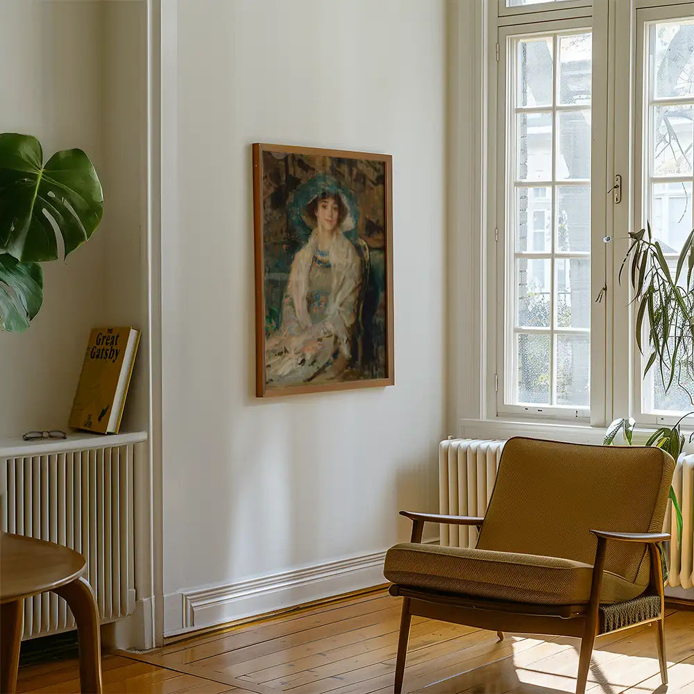 Painting of a woman in a hat framed and displayed on a wall in a bright, modern living room with a chair and a houseplant.