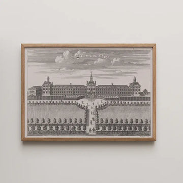Framed vintage illustration of Bethlem Hospital surrounded by landscaped gardens and pathways.