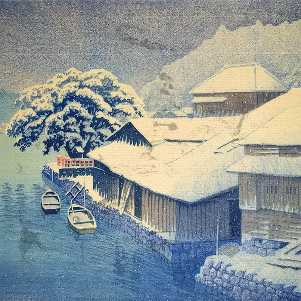 Snowy landscape painting featuring traditional wooden houses along a river, surrounded by snow-covered trees and boats.