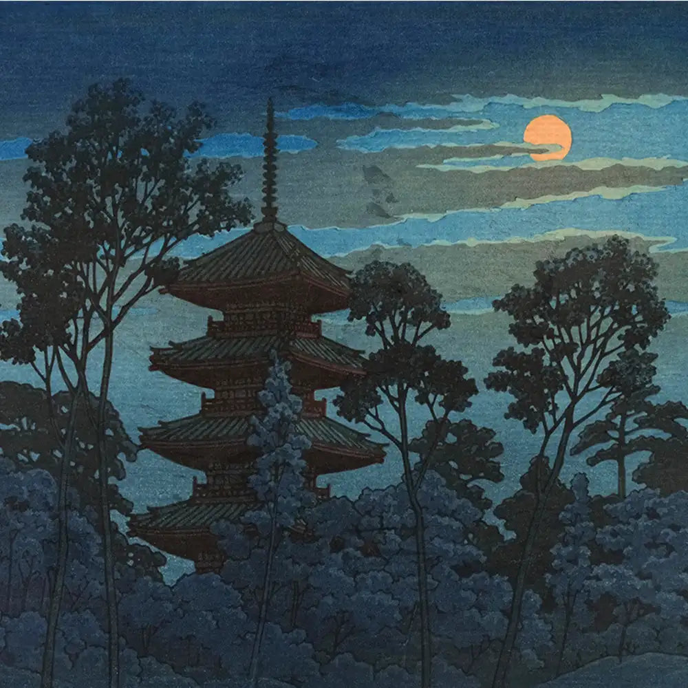 A serene night scene featuring a traditional pagoda surrounded by dark trees, illuminated by a glowing orange moon and soft clouds in a deep blue sky.
