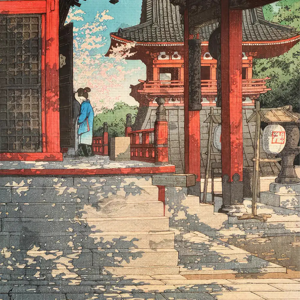 Painting of a serene outdoor scene featuring a figure in traditional clothing standing at the entrance of an ornate temple, surrounded by blossoming cherry trees and vibrant red architecture.