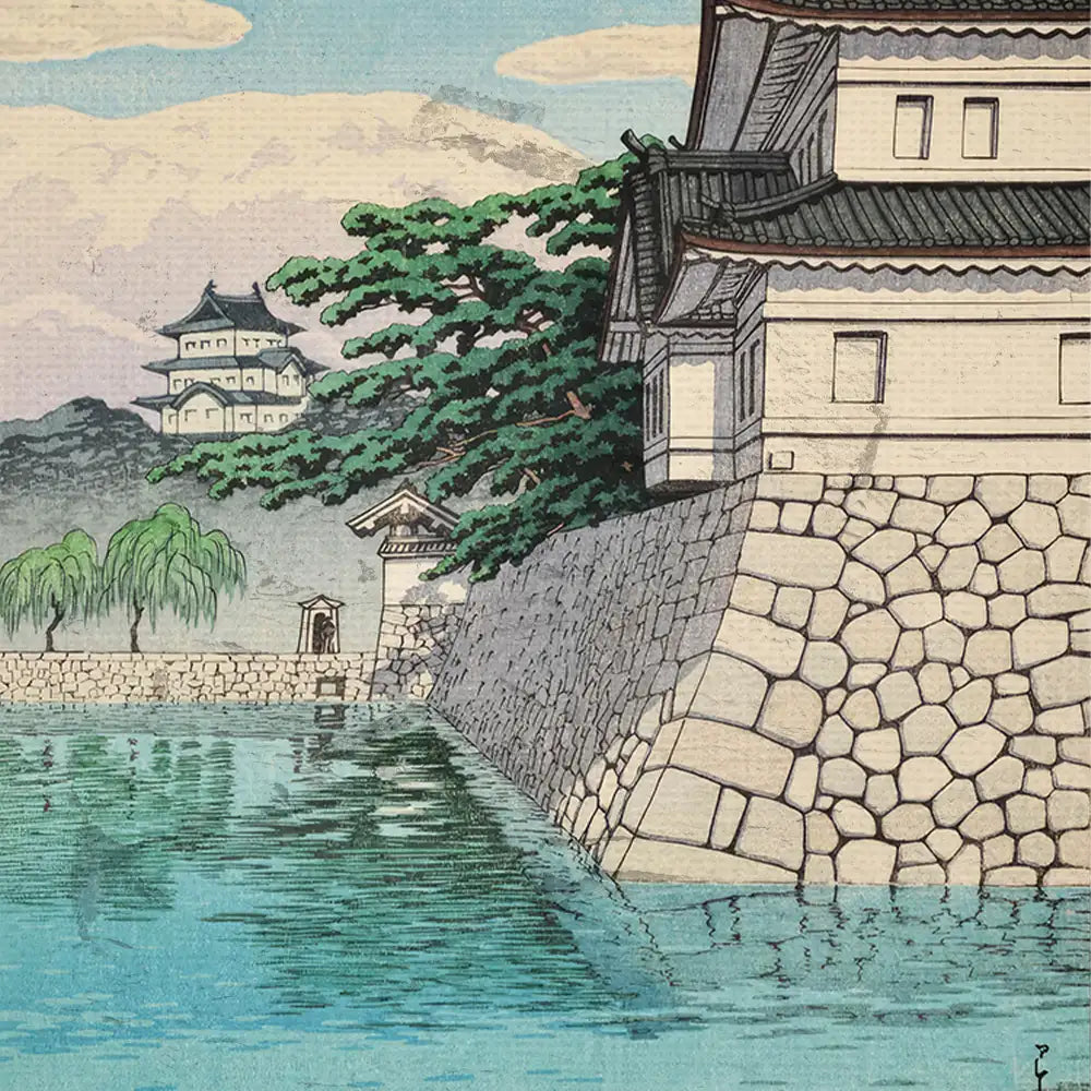 Colorful artwork depicting a serene landscape with a castle and lush greenery by a calm body of water under a blue sky.