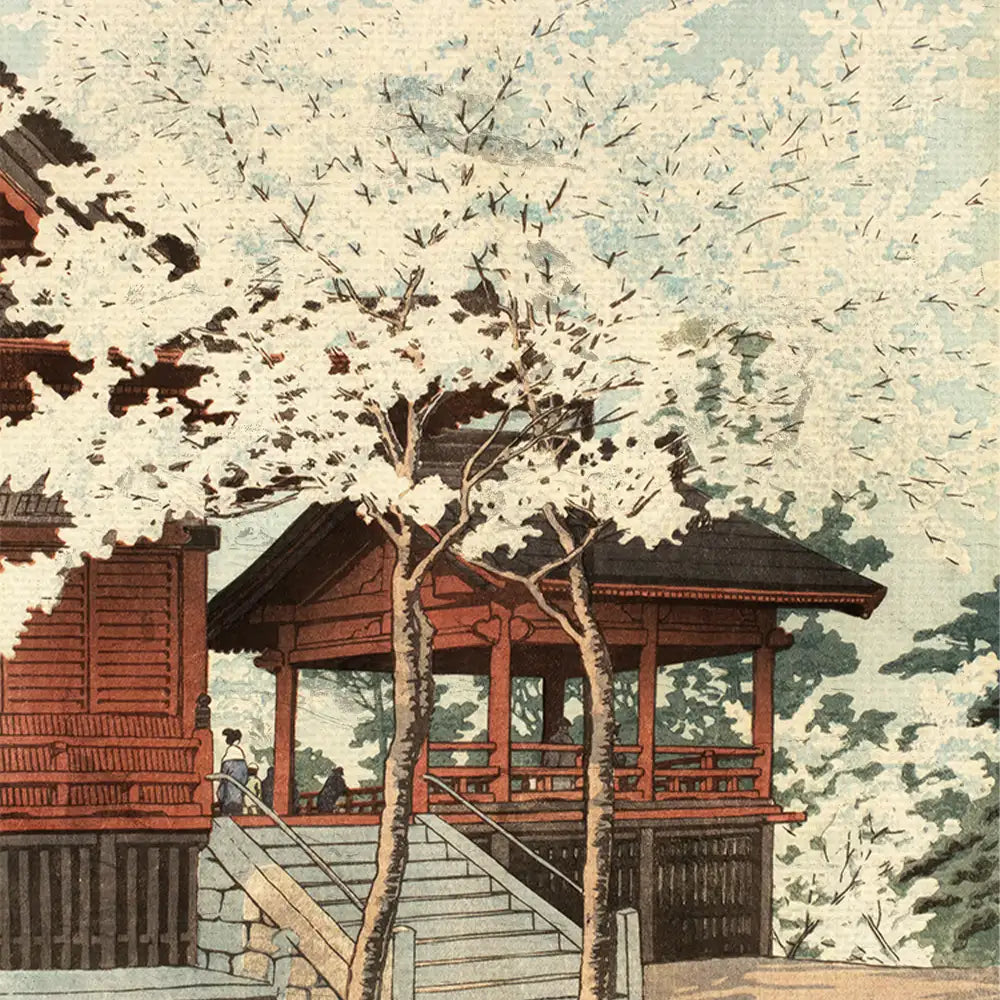 Painting of a traditional Japanese building surrounded by cherry blossom trees with a clear sky in the background.