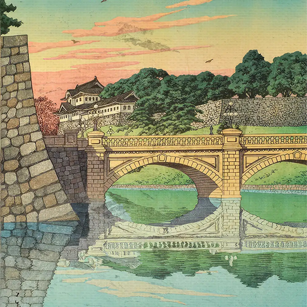 Bridge reflection painting featuring a traditional landscape with a stone bridge, hillside trees, and historic buildings under a colorful sky.