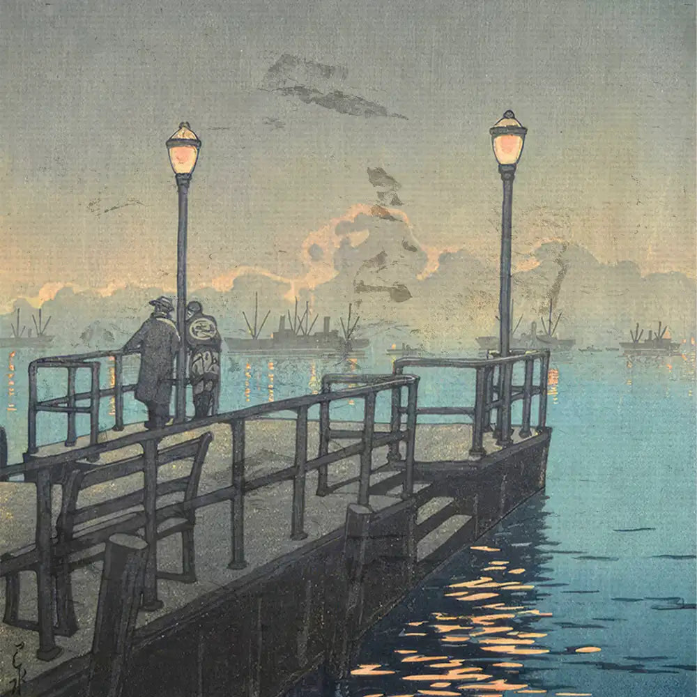 Two figures standing on a wooden pier at dusk, illuminated by street lamps, with a calm water surface reflecting clouds and distant ships.