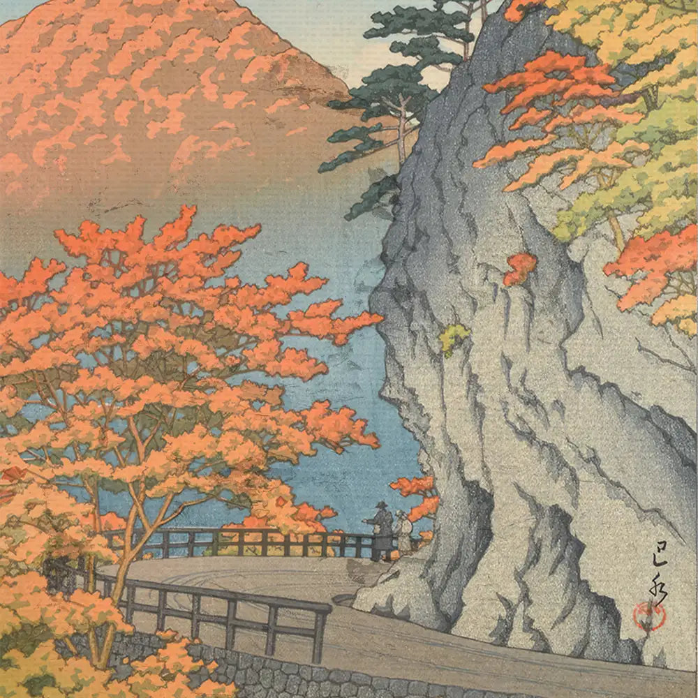 A serene landscape painting featuring vibrant autumn foliage in shades of orange, with a winding path along a rocky cliff and a figure standing by a railing overlooking a tranquil body of water.