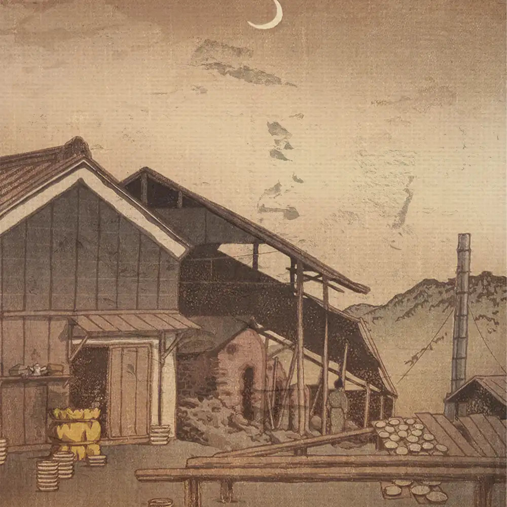Traditional landscape painting featuring a rustic building with a sloped roof, set against a mountainous background and a crescent moon in the sky.