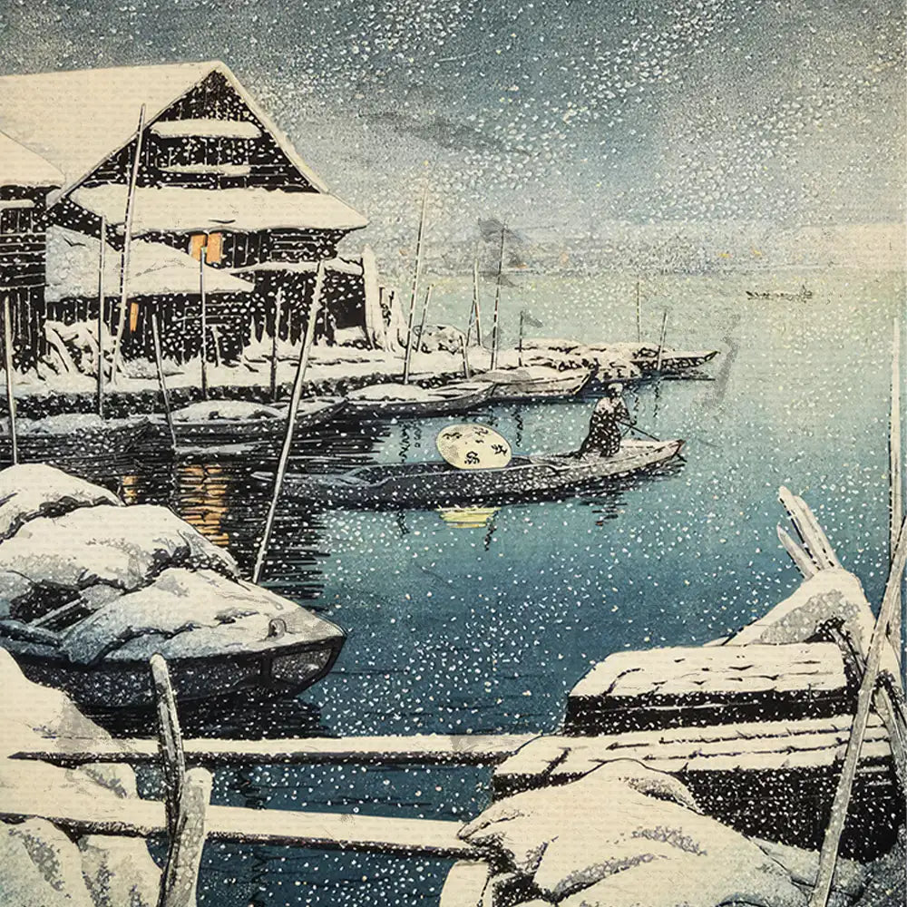 Winter landscape painting featuring snow-covered houses and boats on a tranquil waterway, with soft falling snowflakes and a serene atmosphere.