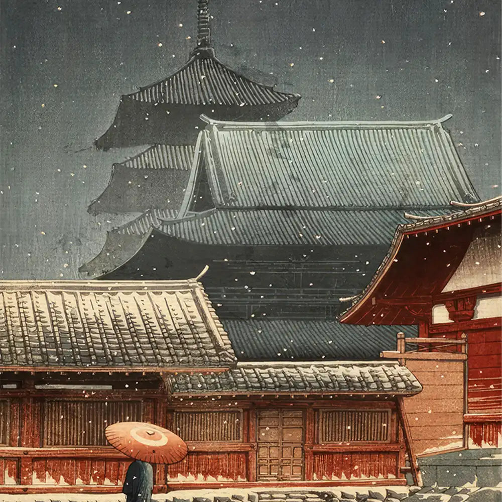Traditional Japanese landscape painting featuring snow, pagoda-style roofs, and a figure with a parasol walking along a snow-covered path.