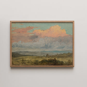 Frederic Edwin landscape study titled Drawing Clouds Hudson Valley, showing pink and gold sunset clouds massing over green valley hills.