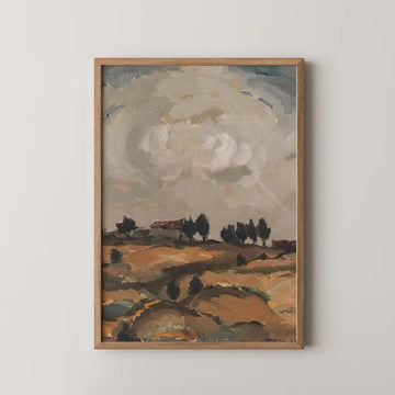 Landscape painting with a cloudy sky, framed in wood, featuring rolling hills and distant trees.