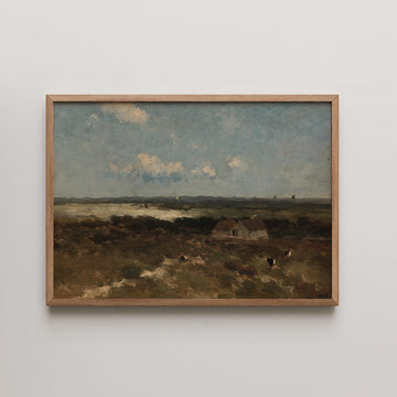 Jan Hendrik Weissenbruch landscape painting titled Duinlandschap, showing a stone cottage and grazing cattle among coastal dunes with distant windmills.
