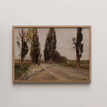 Emil Schindler landscape painting titled Boulevard of Poplars near Plankenberg, showing a dirt road lined with tall autumn poplars and small figures walking beneath them.