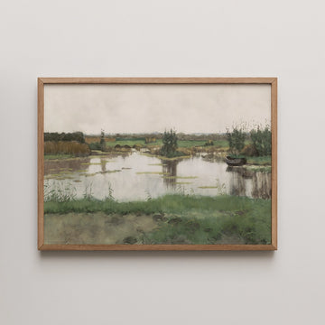 Lush landscape painting featuring a tranquil river, surrounded by greenery and trees, framed in natural wood.