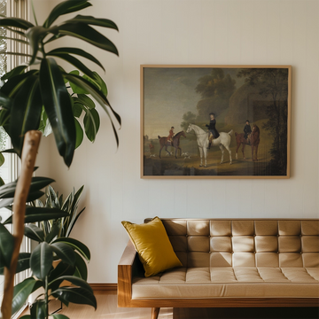 Painting of a horse and riders displayed in a stylish living room with a wooden sofa and indoor plants.