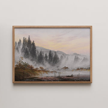 Framed painting of a misty landscape with trees and a river at sunrise.