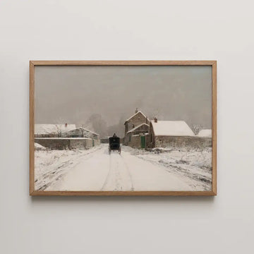 Painting of a snow-covered rural scene featuring a dirt road, a horse-drawn carriage, and rustic houses framed in natural wood.