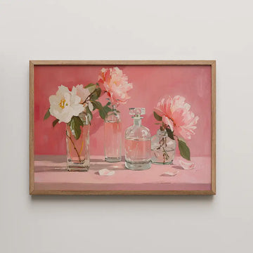 Painting of three vases with pink peonies and a white flower on a pink background, framed in wood.