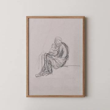 Framed sketch of a seated figure holding a child, presented on light background.