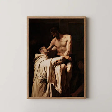 Framed painting depicting a biblical scene with a figure in a white robe assisting a crucified Christ, set against a dark background.