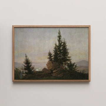 Caspar David Friedrich landscape painting titled View of the Elbe Valley, pines and a boulder above a winding river valley.