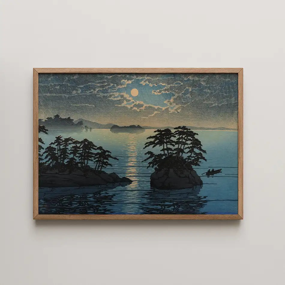 Framed painting of a serene landscape featuring islands with trees, a tranquil water reflection, and a full moon in a cloudy sky.