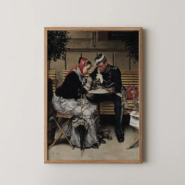 Painting of a woman in traditional attire and a soldier engaged in conversation at a café table, framed in wood.