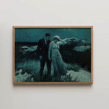 Painting of a couple standing together on a beach at night, surrounded by rocky formations and grass, framed in a wooden border.