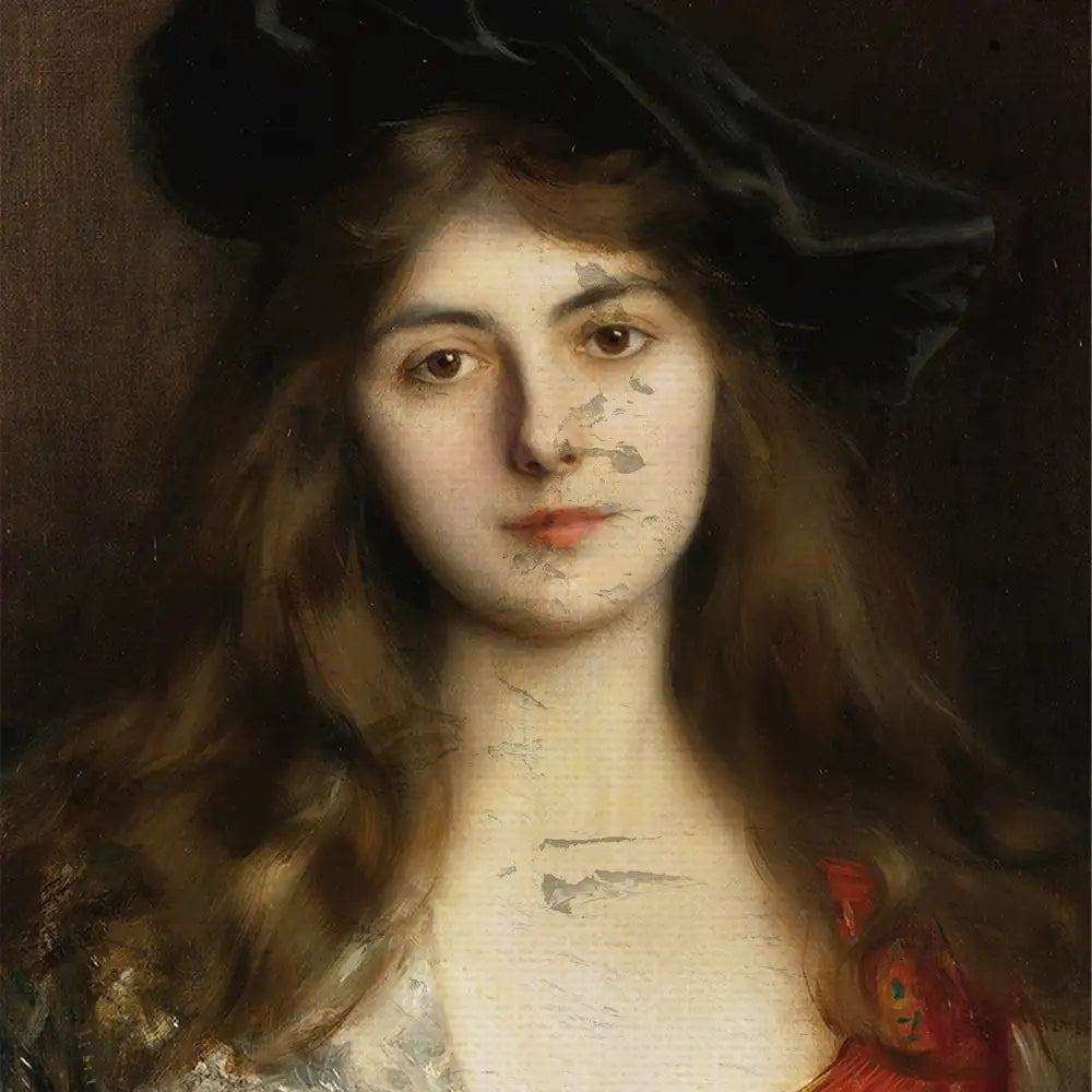 Portrait of a young woman with long brown hair, wearing a black hat and a colorful garment, against a dark background.