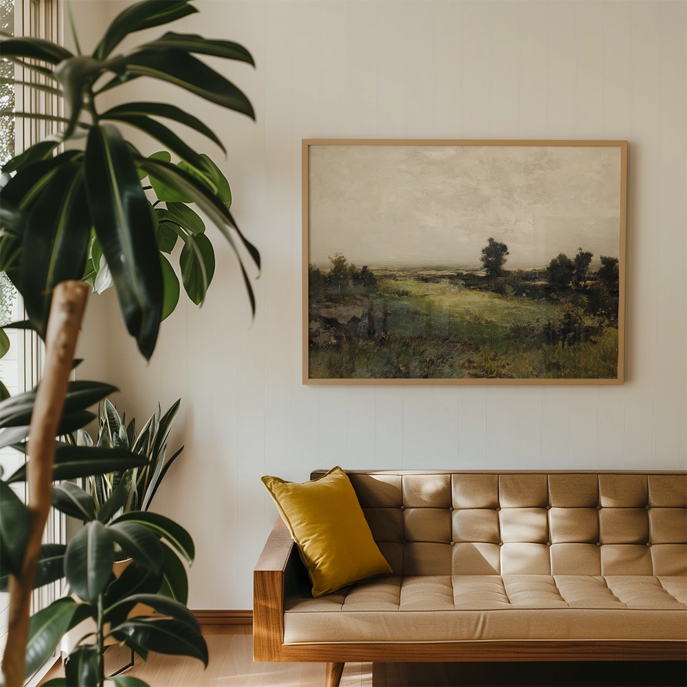 Painting of a serene landscape with fields and trees, framed and displayed above a modern, tufted sofa with a yellow cushion in a bright, stylish room.